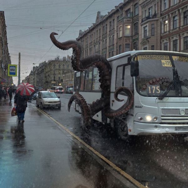 Гигантские животные бродят по улицам Санкт-Петербурга в фотоманипуляциях Вадима Соловьёва (16 фото)